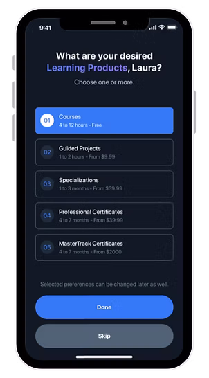 Coursera redesigned learning preferences screen