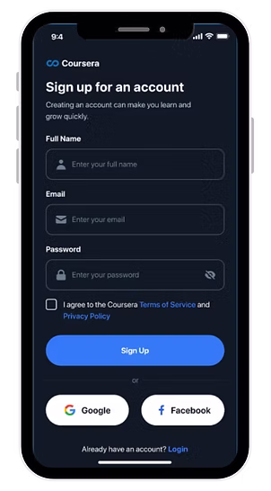 Coursera redesigned sign-up screen