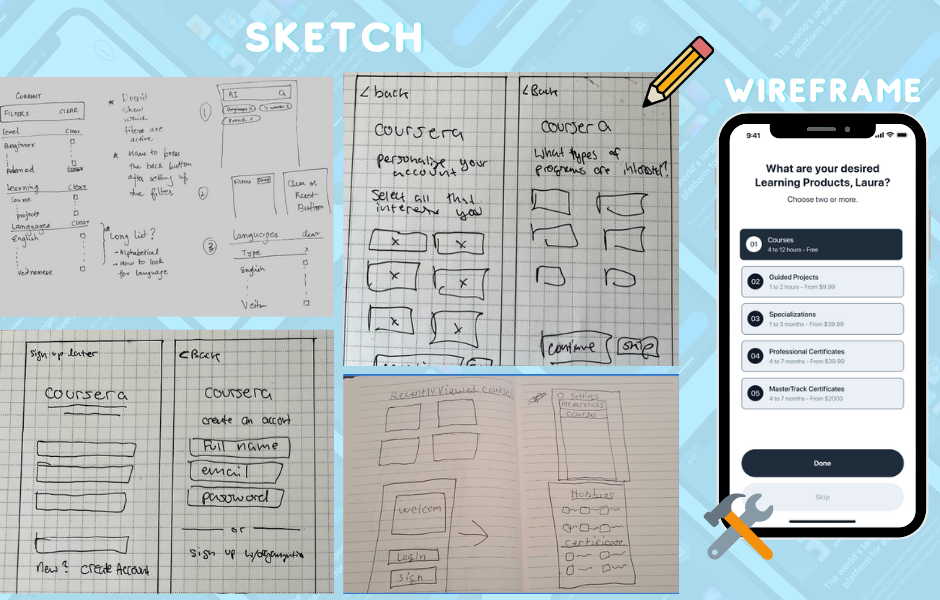 Coursera paper sketches beside a digital wireframe